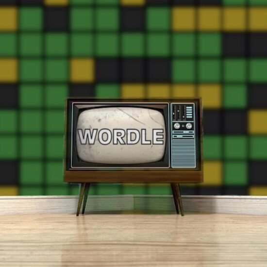 Wordle on an old tv with Wordle box wallpaper
