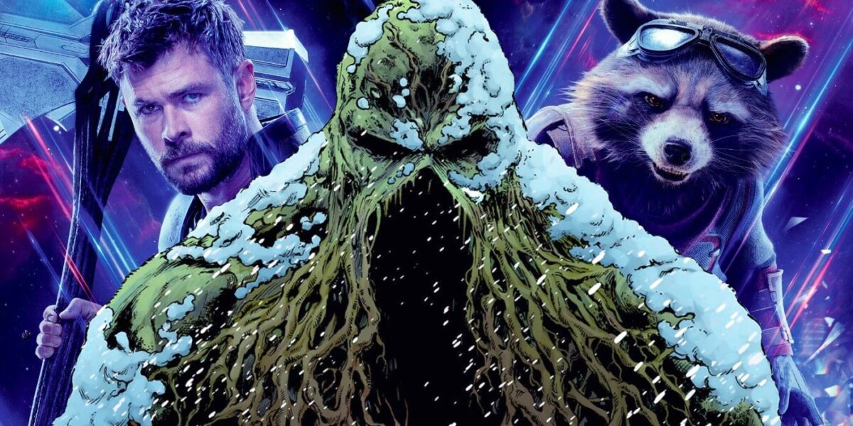 Collage image with DC Swamp Thing With Avengers Endgame Thor and Rocket Posters