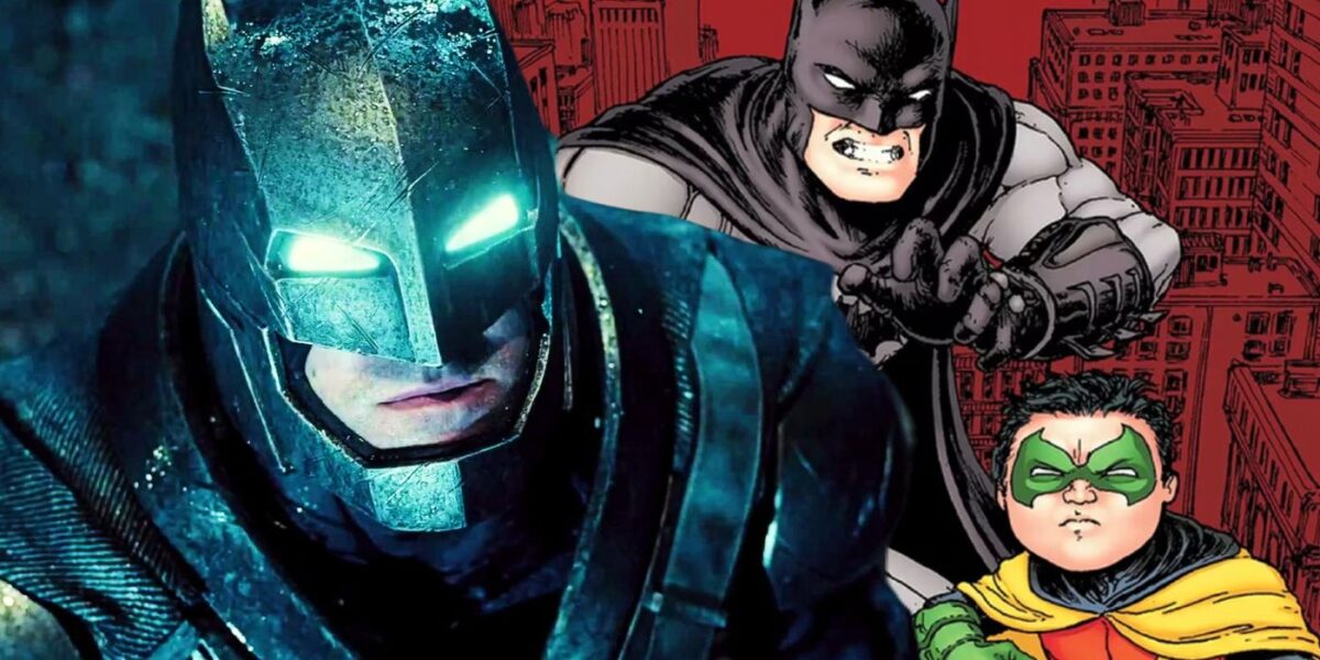 Ben Affleck's Batman and a comic book panel with Batman and Damian Wayne