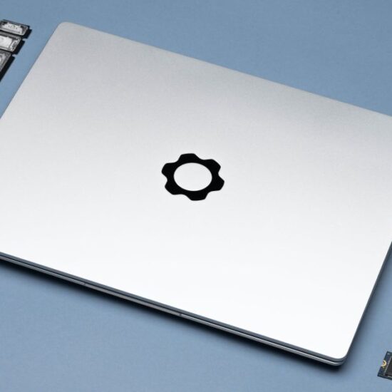 A lifestyle image of the Framework laptop surrounded by replaceable components 