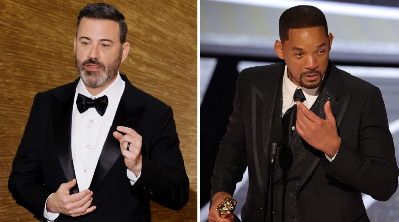 Jimmy Kimmel hosting the 2023 Oscars, Will Smith accepting the Best Actor award at the 2022 Oscars