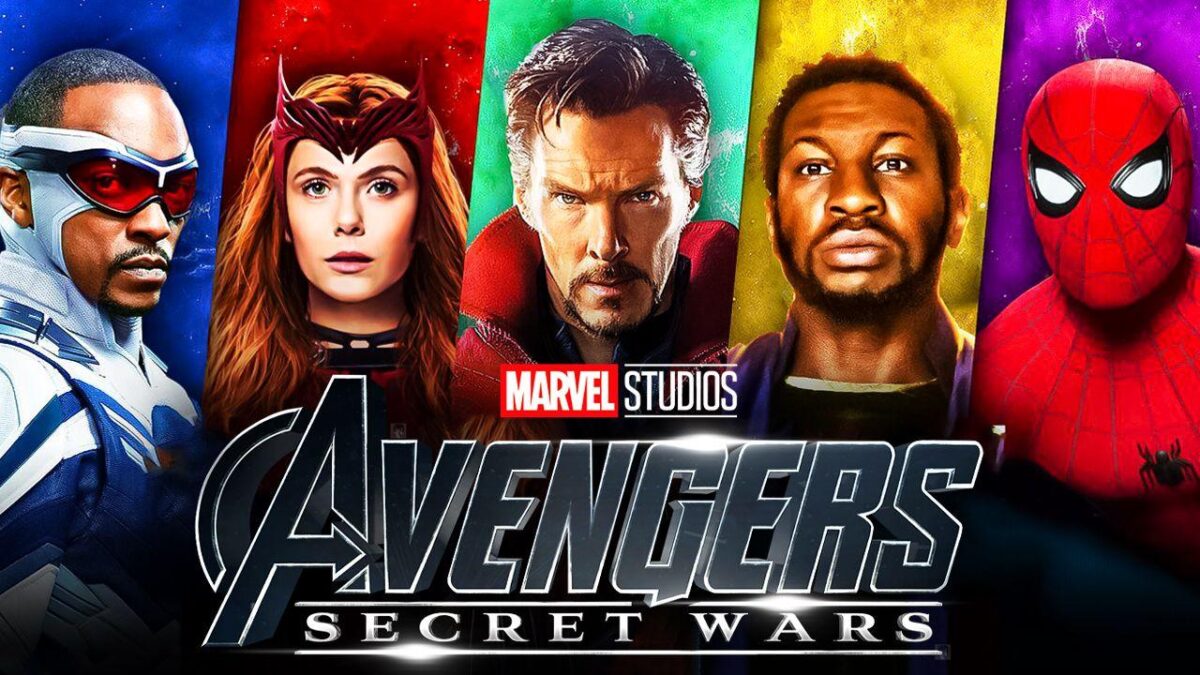 Avengers Secret Wars logo, Captain America, Scarlet Witch, Doctor Strange, Kang, Spider-Man