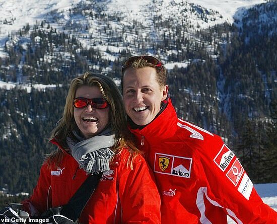 Corinna (left) and Michael Schumacher (right, pictured together while skiing in 2005)