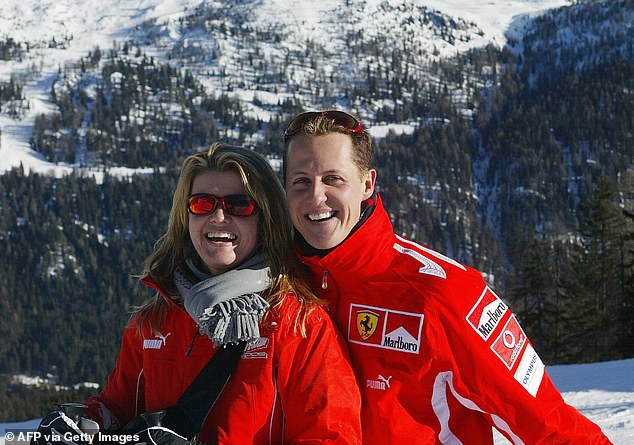 Corinna (left) and Michael Schumacher (right, pictured together while skiing in 2005)