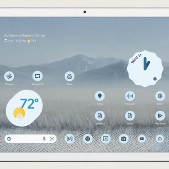 The front of the Google Pixel Tablet showing the home screen
