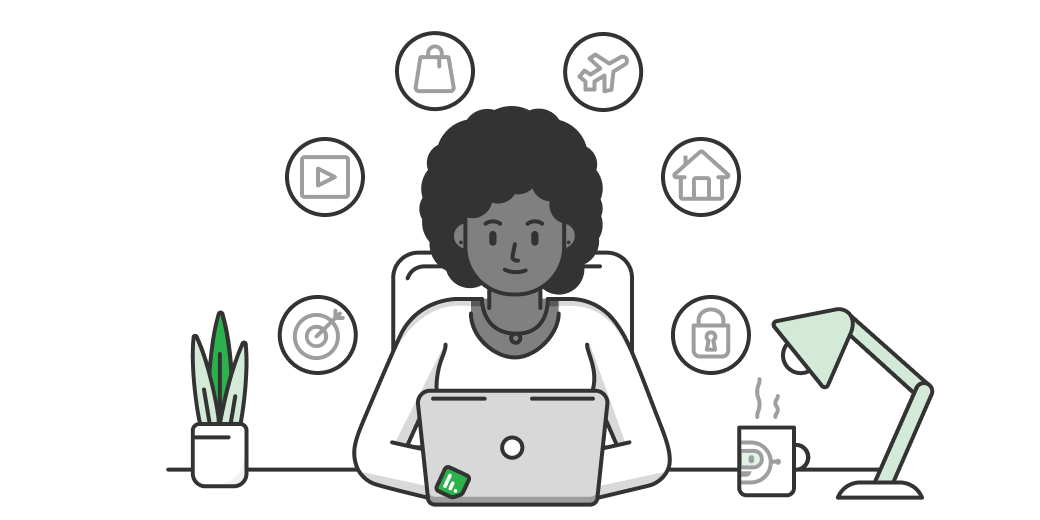 A person sitting at their computer, surrounded by icons representing different industries