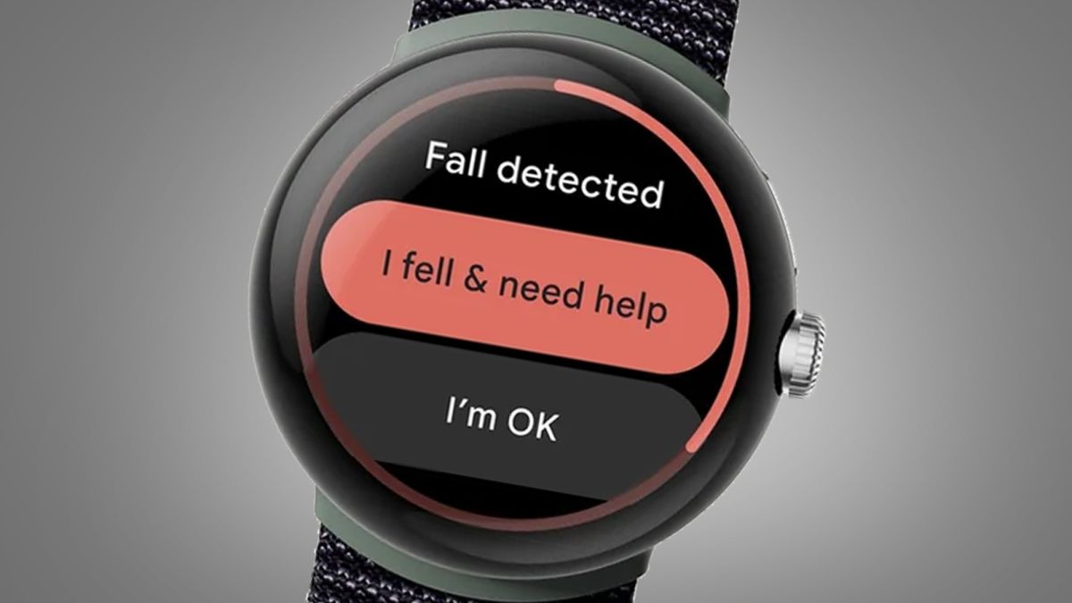 A Google Pixel Watch showing fall detection on a grey background