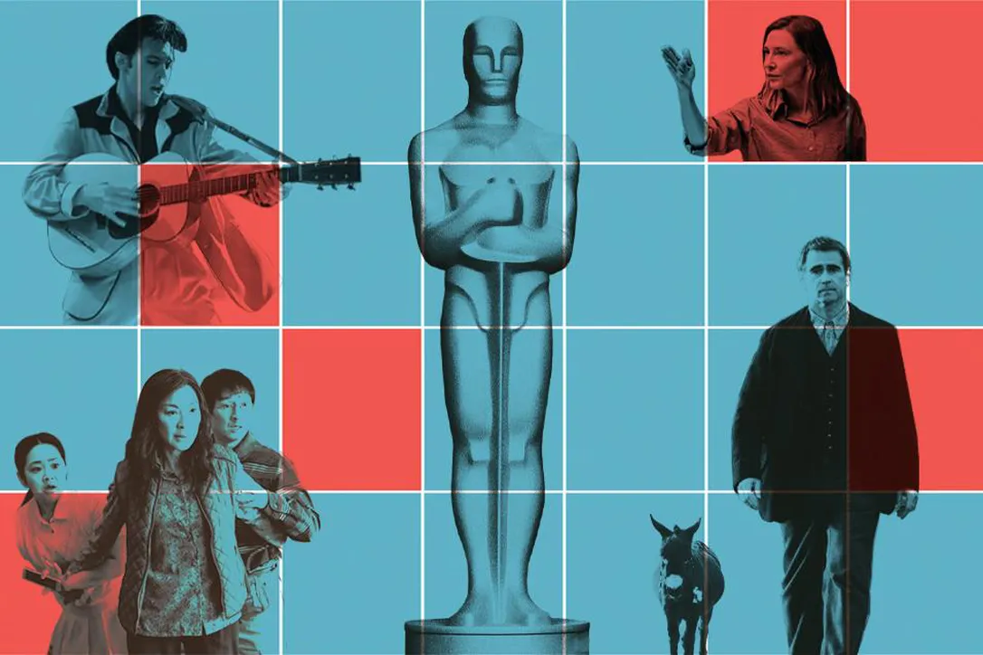 “Everything Everywhere All at Once,” bottom left, will probably take Best Picture, Best Actress for Michelle Yeoh and Best Supporting Actor at the Oscars among other awards, writes Peter Howell, while Austin Butler, top left, is a lock for Best Actor for “Elvis.” But Cate Blanchett in “Tar,” top right,” and Colin Farrell in “The Banshees of Inisherin,” bottom right, could be spoilers.