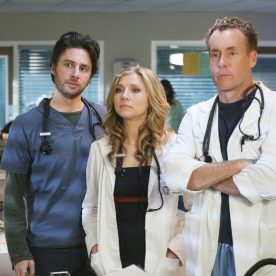 SCRUBS, (from left): Zach Braff, Sarah Chalke, John C. McGinley, 'My ABC's', (Season 8, airing Jan. 20, 2009), 2001-2010. photo: Michael Ansell / © ABC / Courtesy Everett Collection