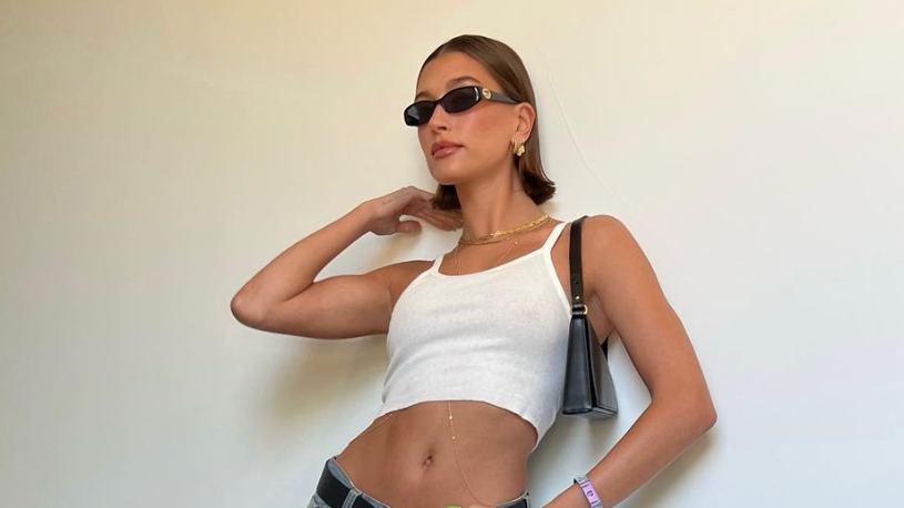 Hailey Bieber Paired the Tiniest Tank Top With the Baggiest Low-Rise Jeans