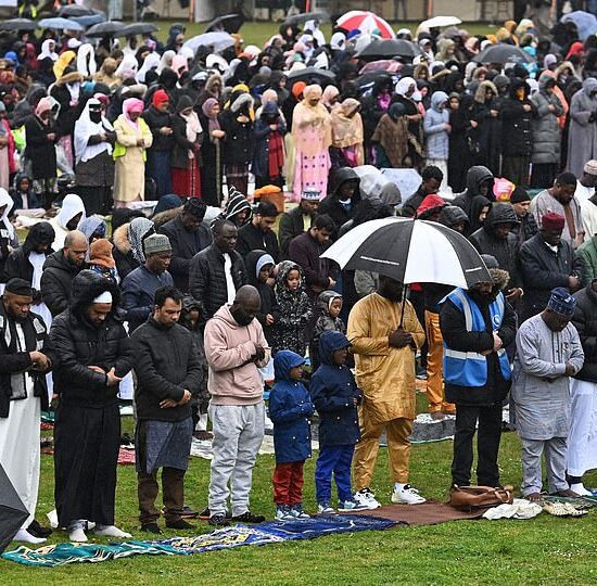 UNITED KINGDOM: Muslim worshippers pray in Burgess Park, southeast London, on Friday on the first day of Eid al-Fitr