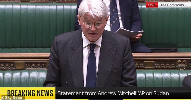 British nationals in Sudan have been told to 'use their own judgement on whether to relocate' by Andrew Mitchell (pictured) amid deadly violence while other nations rush to evacuate civilians