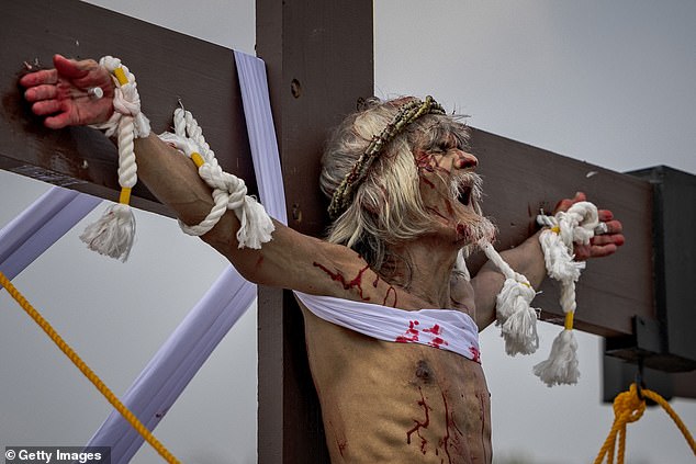 Penitent Wilfredo Salvador grimaces in pain as he is nailed to a cross during Good Friday crucifixions