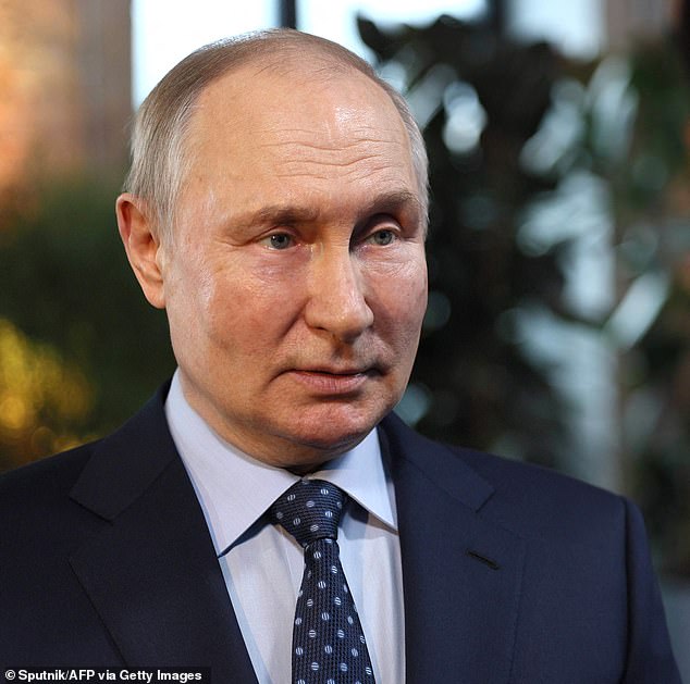Vladimir Putin (pictured today) claimed the attack was in revenge for earlier Russian strikes on 'command centres' when in reality the air strikes have hit residential buildings in Kyiv, causing Ukrainians to run for their lives to nearby bomb shelters
