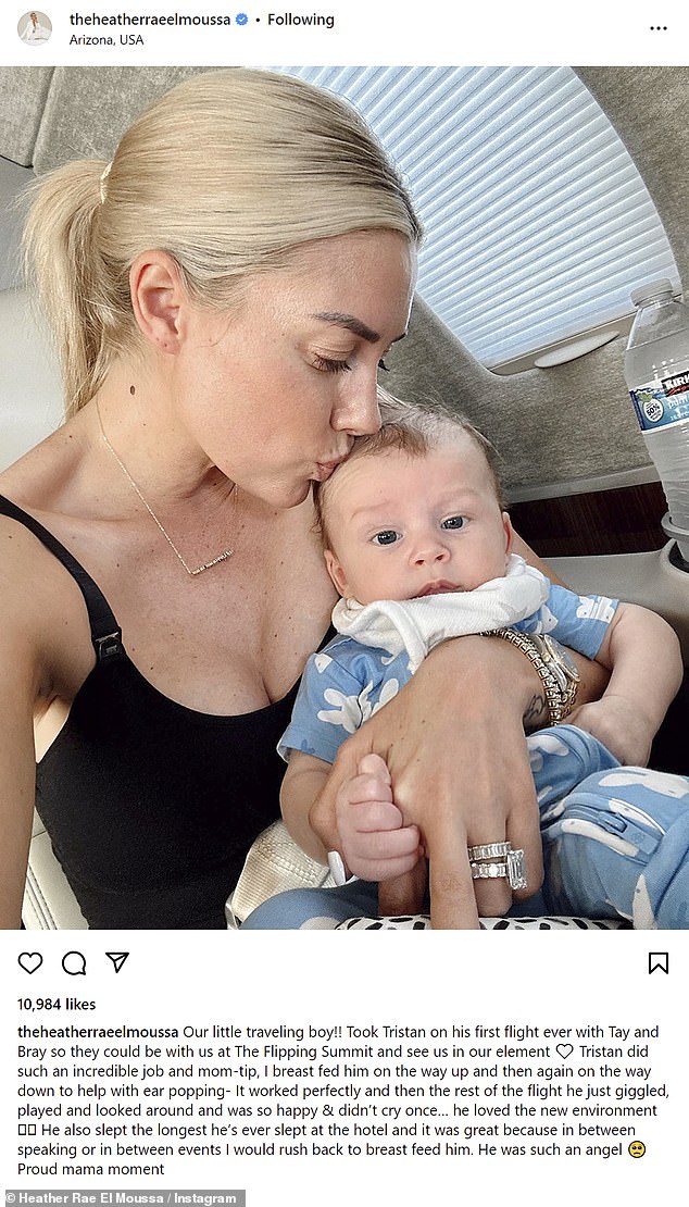 The latest: Heather Rae Young, 35, was panned on social media Sunday after documenting a flight on a private jet she took with her family, marking her three-month-old son's Tristan first time on a plane