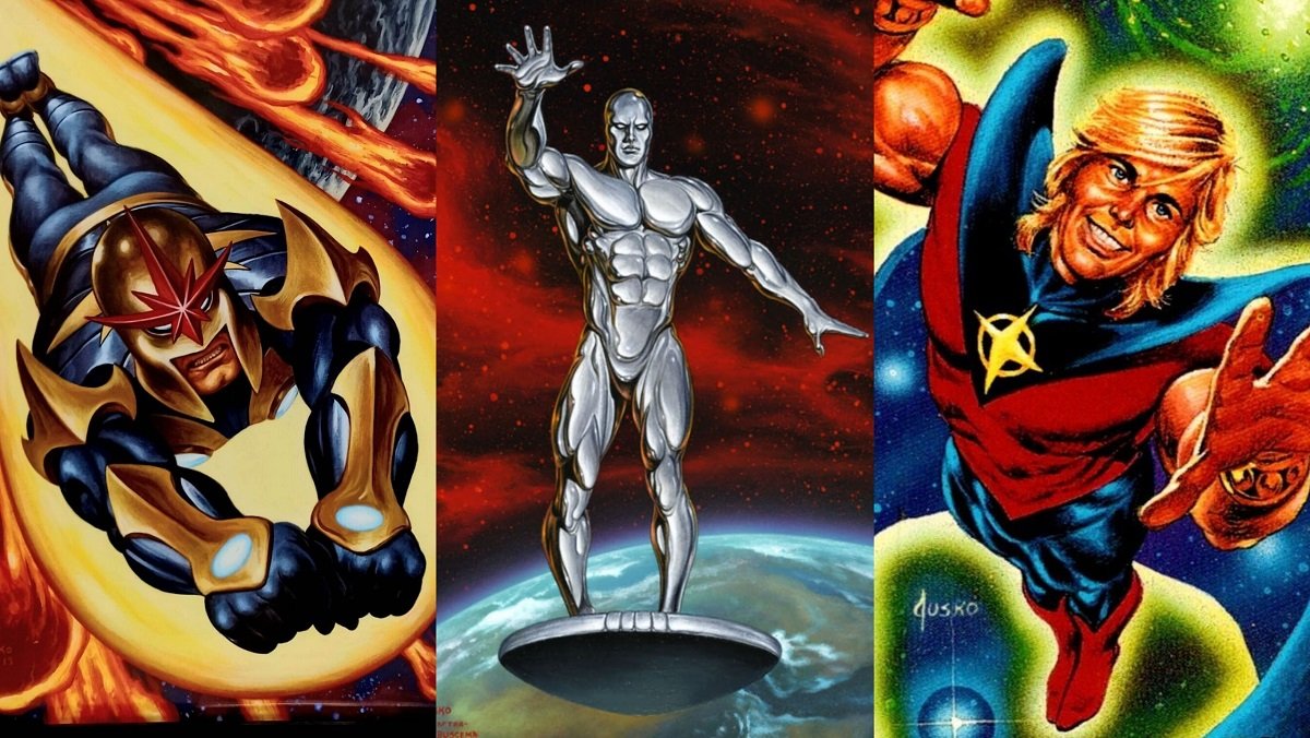 Nova, the Silver Surfer, and Quasar, the Marvel Cosmic heroes as drawn by Joe Jusko.