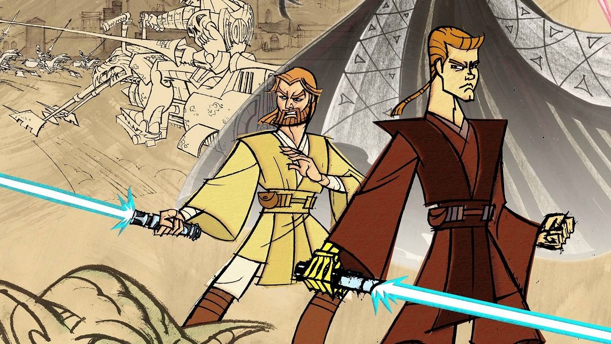 Key art featuring Anakin Skywalker and Obi-Wan Kenobi from the 2003 Cartoon Network Star Wars: Clone Wars animated series.