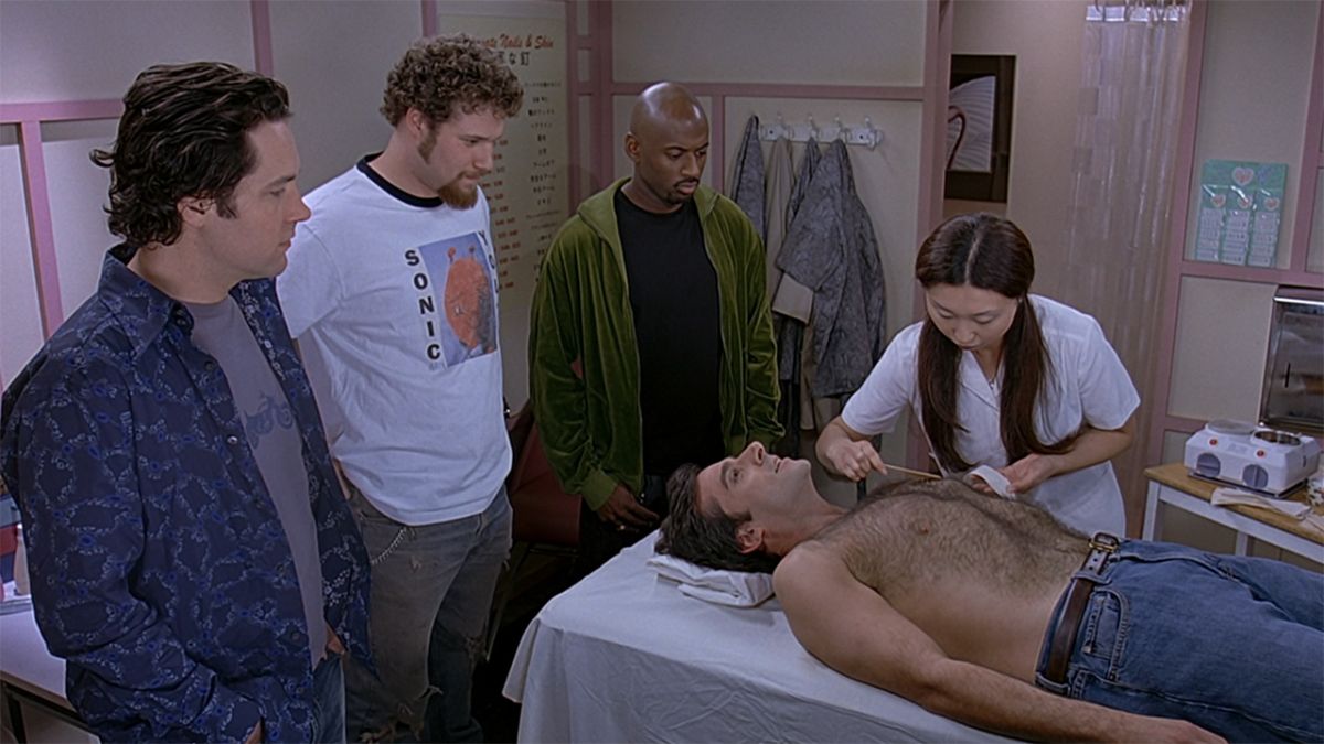 Seth Rogen, Paul Rudd, Romany Malco and Steve Carell in The 40 Year Old Virgin waxing scene