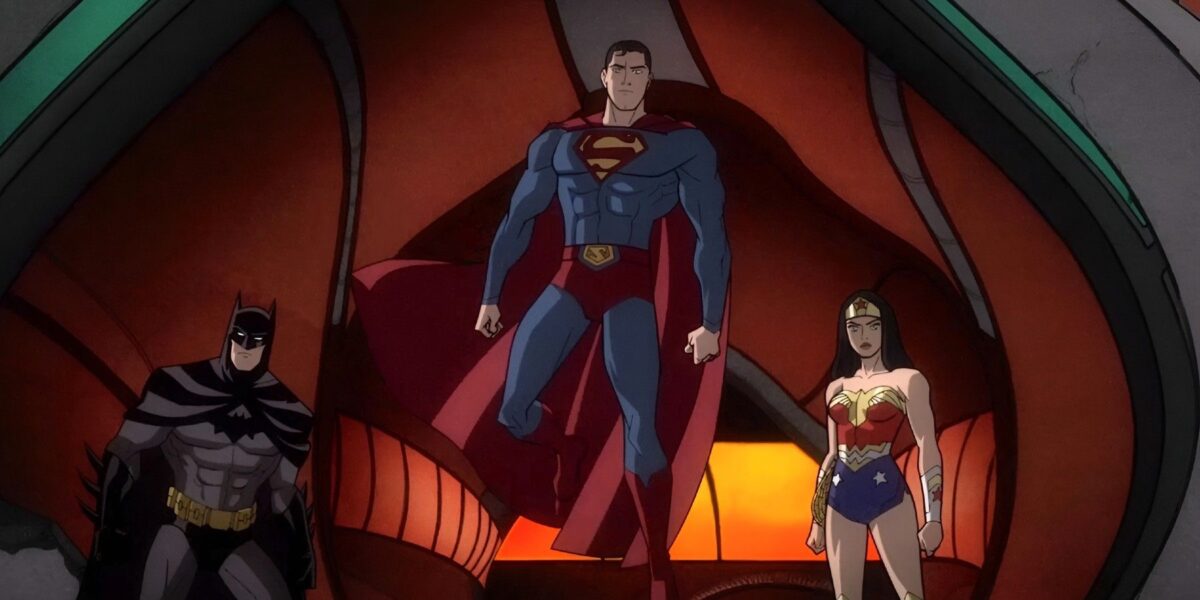 Batman and Wonder Woman standing at each side of a floating Superman in the animated Justice League: Warworld movie