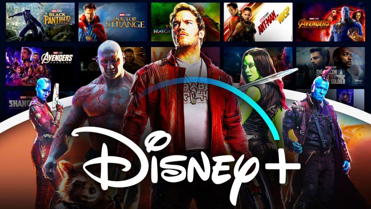 Guardians of the Galaxy members in front of Disney Plus titles