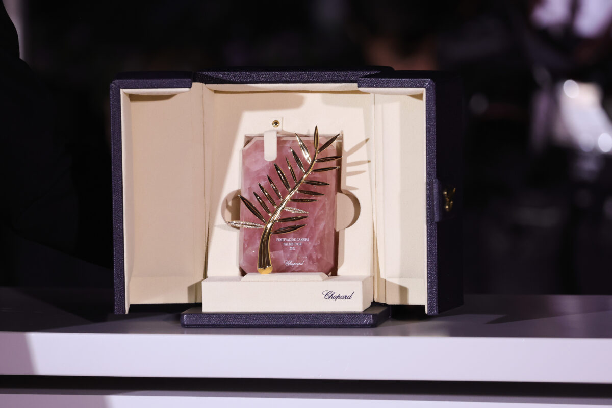 CANNES, FRANCE - MAY 28: Close up of the Palme d'Or Award of Director Ruben Ostlund for the movie 'Triangle of Sadness' during the winner photocall during the 75th annual Cannes film festival at Palais des Festivals on May 28, 2022 in Cannes, France. (Photo by John Phillips/Getty Images)