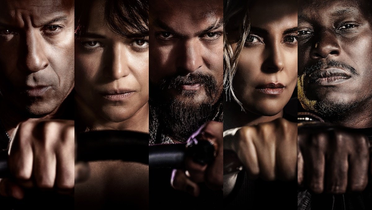 5 characters poster for Fast X, with all of their faces driving a car: Dom, Letty, Dante, Cipher, Roman