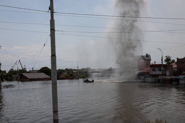 Footage showed a column of water after bombing near what appears to be an evacuation boat in Kherson