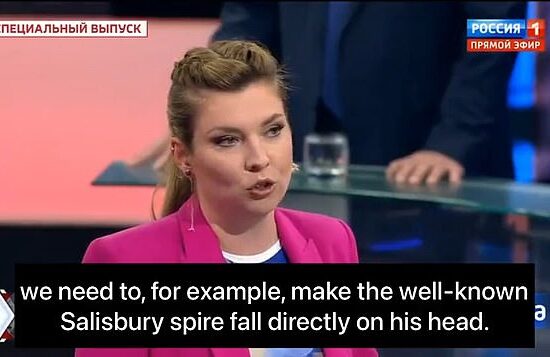 Olga Skabeyeva said she wanted to impale James Cleverly with the spire - a reference to the alibi used by two Russian assassins in the 2018 Novichok poisonings