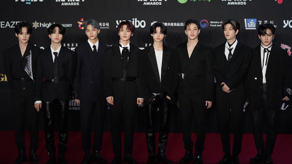 OSAKA, JAPAN - NOVEMBER 29: (EDITORIAL USE ONLY) Bang Chan, Lee Know, Changbin, Hyunjin, Han, Felix, Seungmin and I.N of boy band Stray Kids attend the 2022 MAMA Awards at Kyocera Dome on November 29, 2022 in Osaka, Japan. (Photo by Christopher Jue/Getty Images)