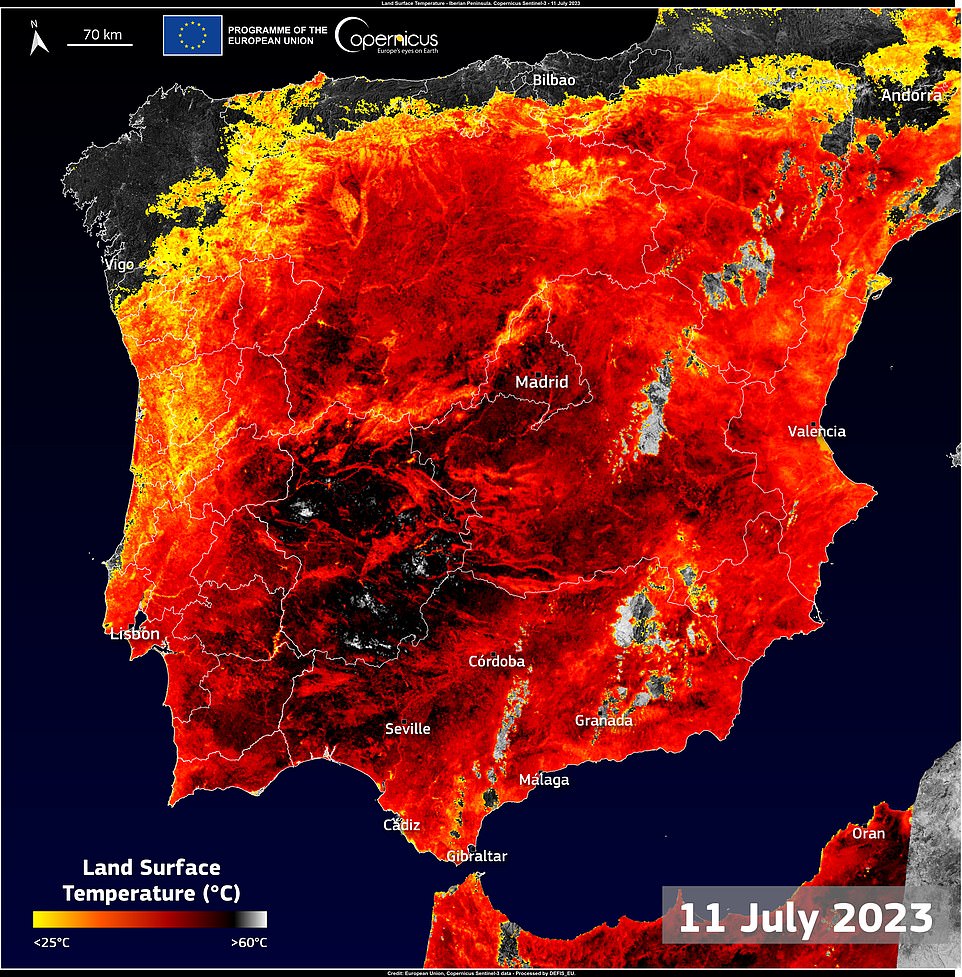 Land surface temperatures - how hot the ground is - reached excesses of 60C today in parts of Andalucia and western Spain