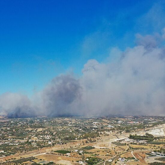 The smoke-covered landscape in Loutraki, Greece, shows the ferocity of the wildfires gripping the country amid a sweltering heatwave