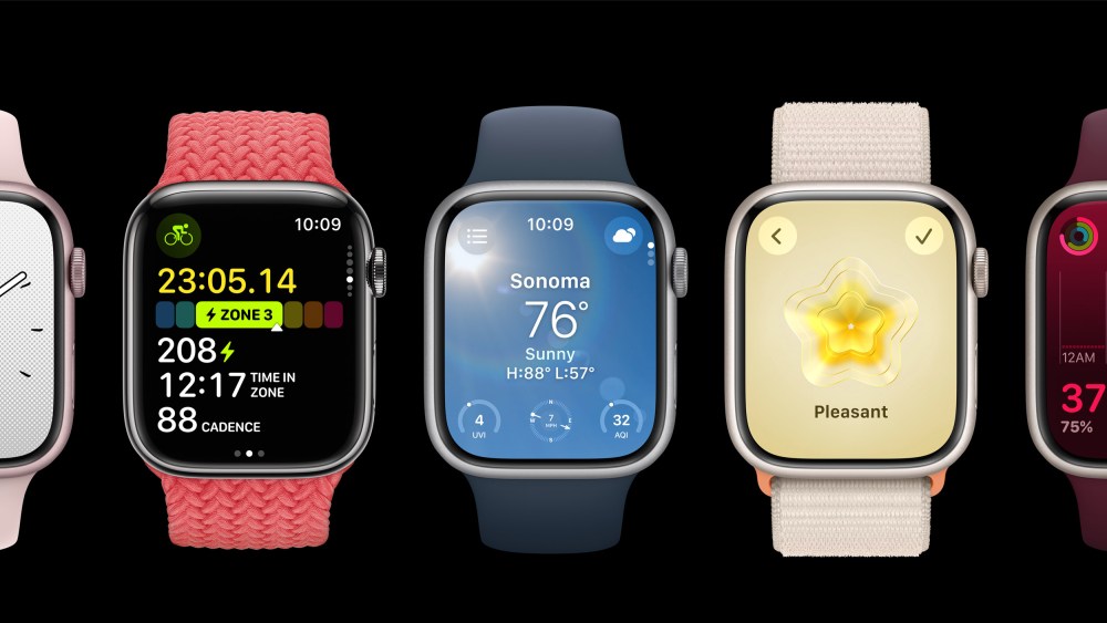 All sorts of Apple Watch Series 9 models in various colors.