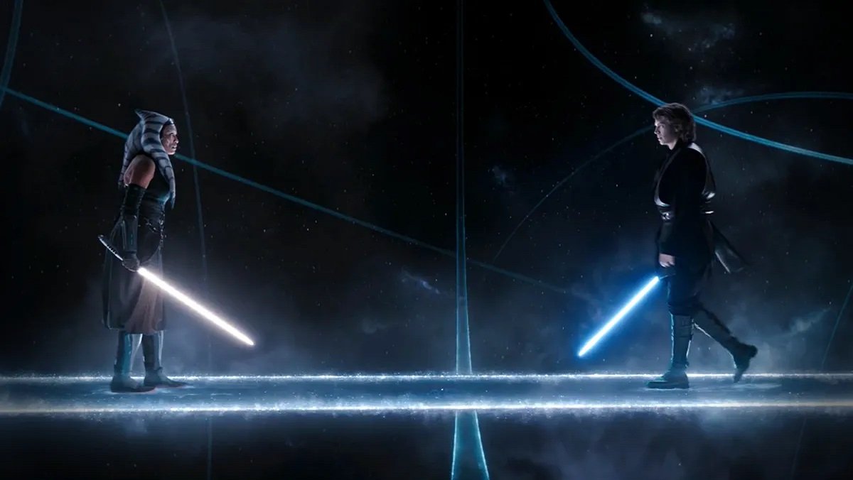 Ahsoka Tano (Rosario Dawson) and Anakin Skywalker (Hayden Christensen) face off in episode five of Star Wars: Ahsoka.