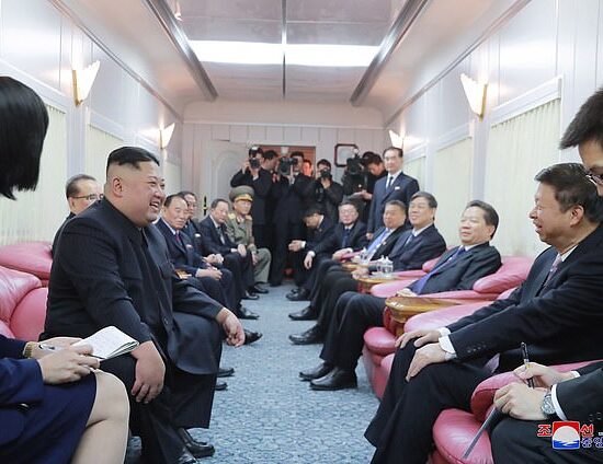 Kim Jong Un (left) is believed to be en route to Russia ahead of a summit with Vladimir Putin, with reports suggesting he is travelling on his own armoured train (pictured)