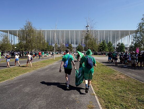 An Ireland rugby fan was abducted and then gang-raped by three men while in Bordeaux to watch her national team in the World Cup (file image of Irish fans in Bordeaux)