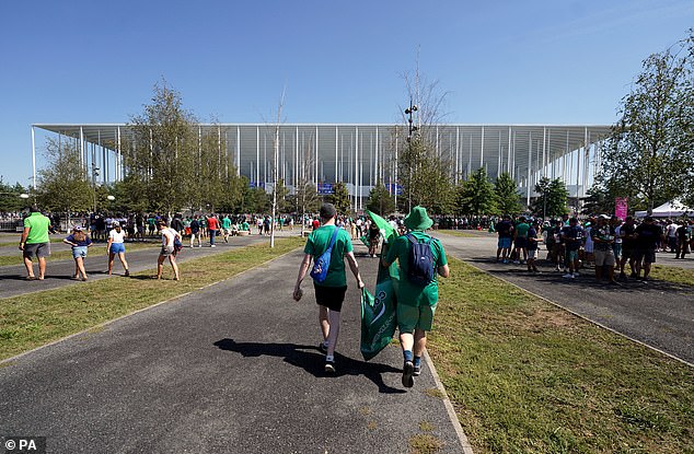 An Ireland rugby fan was abducted and then gang-raped by three men while in Bordeaux to watch her national team in the World Cup (file image of Irish fans in Bordeaux)