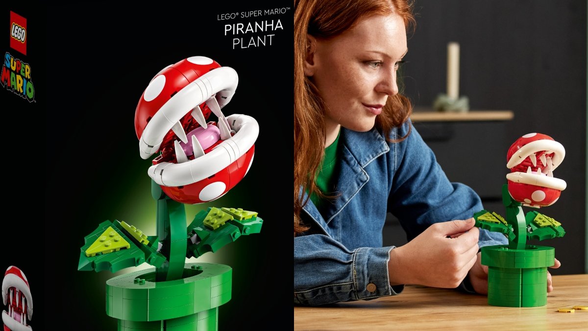 Split image of LEGO Super Mario Bros Piranha Plant set box and redhead woman playing with completed set