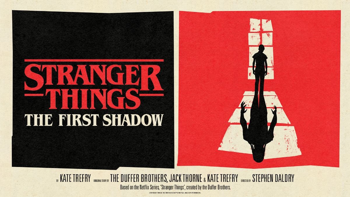 Stranger Things play artwork for stranger things the first shadow alongw ith black, red, and tan image of henry creel with a Vecna shadow