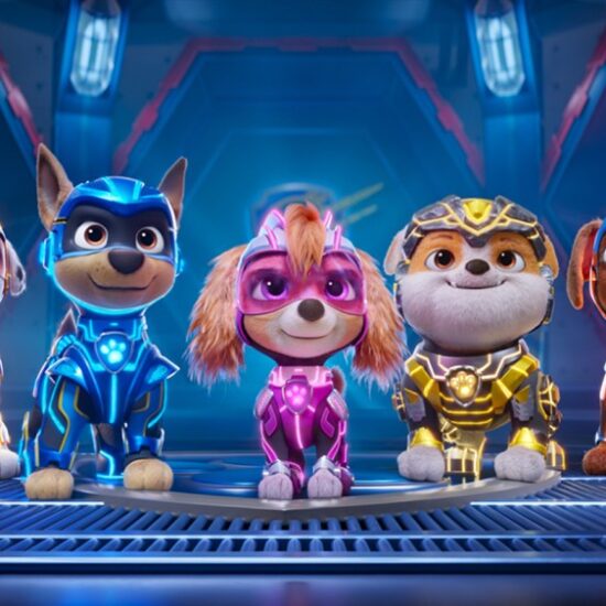 Callum Shoniker as “Rocky", Christian Corrao as “Marshall", Christian Convery as “Chase", McKenna Grace as “Skye", Luxton Handspiker as “Rubble", Nylan Parthipan as “Zuma",  and Marsai Martin as “Liberty" in Paw Patrol: The Mighty Movie from Spin Master Entertainment, Nickelodeon Movies, and Paramount Pictures.