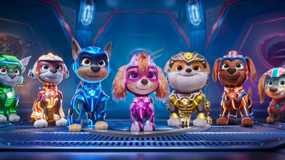 Callum Shoniker as “Rocky", Christian Corrao as “Marshall", Christian Convery as “Chase", McKenna Grace as “Skye", Luxton Handspiker as “Rubble", Nylan Parthipan as “Zuma",  and Marsai Martin as “Liberty" in Paw Patrol: The Mighty Movie from Spin Master Entertainment, Nickelodeon Movies, and Paramount Pictures.