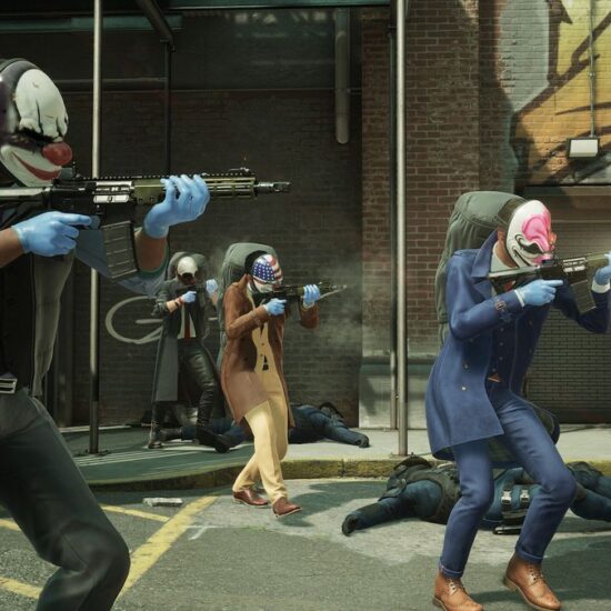 The Payday squad firing weapons and moving through a heoist