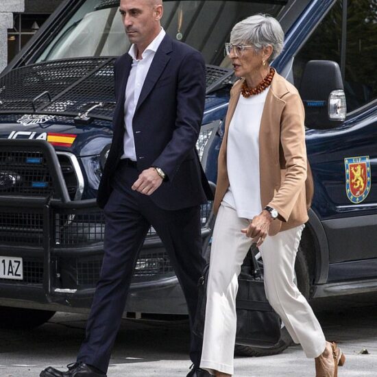 Spanish prosecutors have requested that Luis Rubiales (pictured leaving the court today) is banned from going within 500 metres of women's World Cup player Jenni Hermoso or contact her as he made his first court appearance for allegedly forcibly kissing the footballer