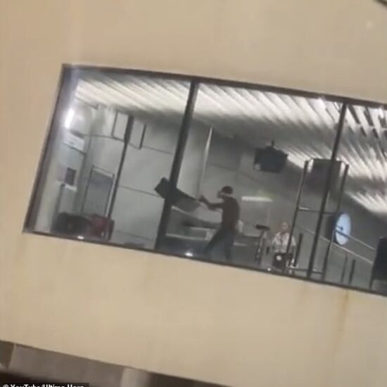 Video shows the topless man, who has not been named, throwing a bin at a wall before gesticulating furiously at Ryanair staff who were hiding behind a glass door