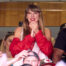 KANSAS CITY, MO - SEPTEMBER 24: Taylor Swift cheers from a suite as the Kansas City Chiefs play the Chicago Bears at GEHA Field at Arrowhead Stadium on September 24, 2023 in Kansas City, Missouri. (Photo by Cooper Neill/Getty Images)