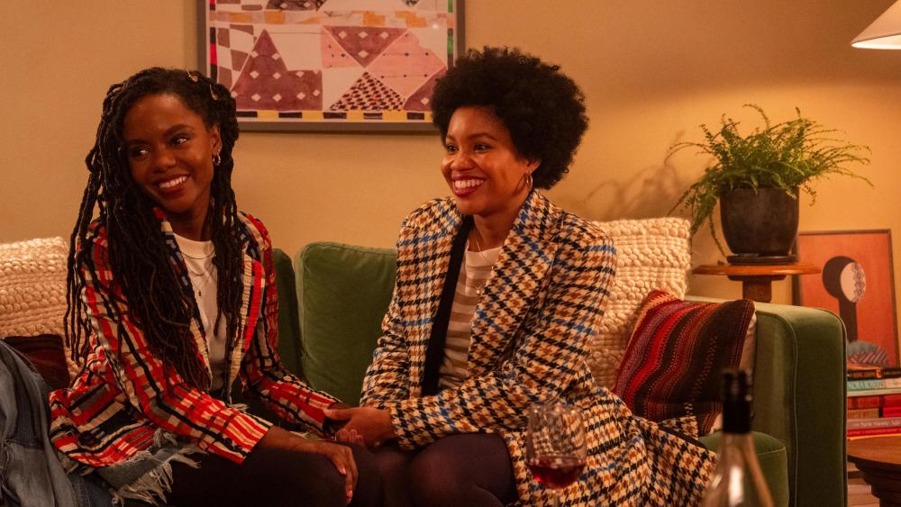 The Other Black Girl -- “What About Your Friends” - Episode 104 -- Nella meets Diana Gordon, a famous author and her hero, and Nella invites Hazel over to meet her friends. Hazel (Ashleigh Murray) and Nella (Sinclair Daniel), shown. (Photo by: Wilford Harwood/Hulu)