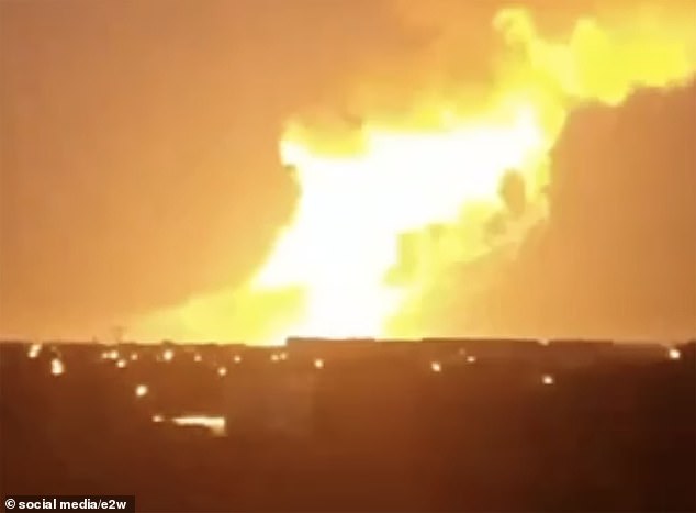 Video footage showed powerful explosions erupting near the town of Yevatoriya