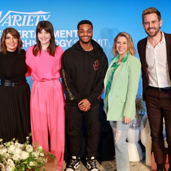 LOS ANGELES, CALIFORNIA - SEPTEMBER 21: (L-R) Moderator Elizabeth Wagmeister, Chief Correspondent, Variety, Claudine Cazian, Head of Strategic Partnerships, Creators + Public Figures, Instagram, Casey Wilson, Host and Producer, "B*tch Sesh: A Real Housewives Breakdown," King Bach, Actor, Comedian and Digital Creator, Jodie Sweetin, Entertainer, Host, "How Rude, Tanneritos!," Nick Viall, Host, "The Viall Files," and Madeline Baldi, Digital Agent, WME pose onstage during the Variety Entertainment & Technology Summit presented by City National Bank at Four Seasons Hotel Los Angeles at Beverly Hills on September 21, 2023 in Los Angeles, California. (Photo by Matt Winkelmeyer/Variety via Getty Images)