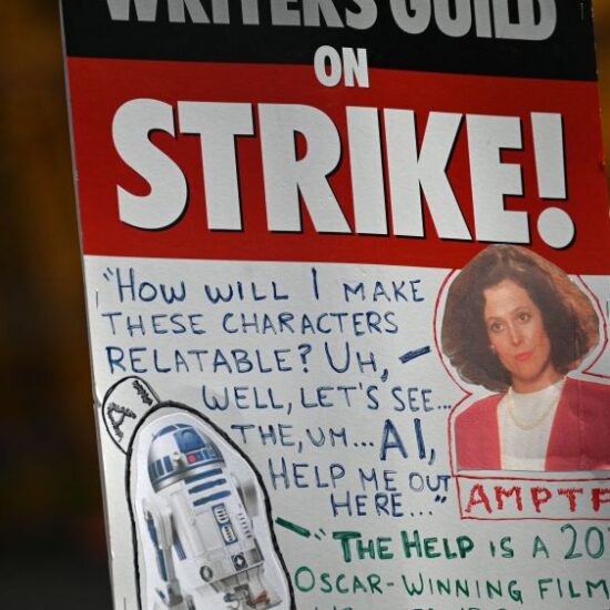 A strike sign is seen on the Hollywood writers picket line outside Universal Studios Hollywood in Los Angeles, California, June 30, 2023. Hollywood's summer of discontent could dramatically escalate this weekend, with actors ready to join writers in a massive "double strike" that would bring nearly all US film and television productions to a halt. The Screen Actors Guild (SAG-AFTRA) is locked in last-minute negotiations with the likes of Netflix and Disney, with the deadline fast approaching at midnight Friday (0700 GMT Saturday). (Photo by Robyn Beck / AFP) (Photo by ROBYN BECK/AFP via Getty Images)