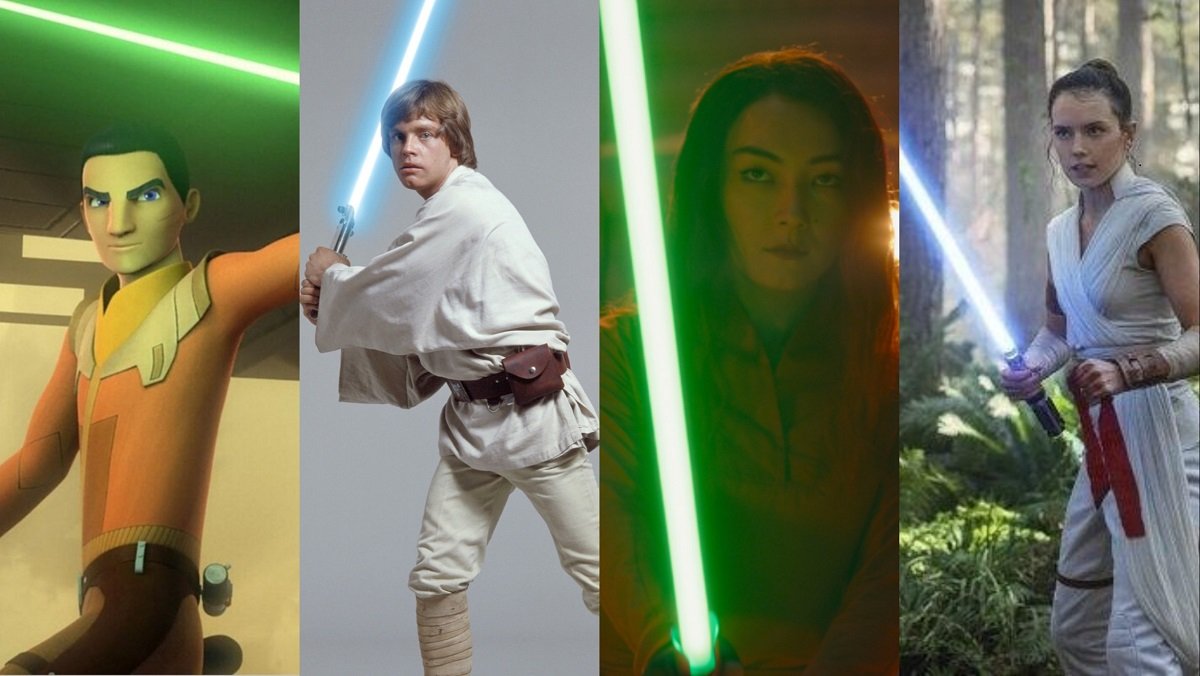 From Left to Right, Jedi trainees Ezra Bridger, Luke Skywalker (Mark Hamill), Sabine Wren (Natasha Liu Bordizzo), and Rey (Daisy Ridely).