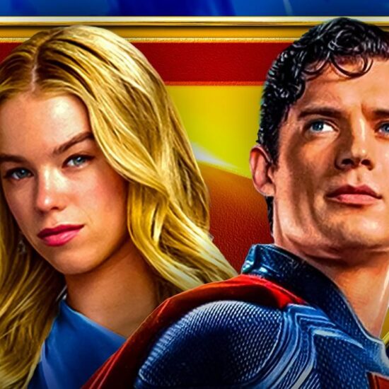 Milly Alcock's Supergirl and David Corenswet's Superman, Superman symbol in background